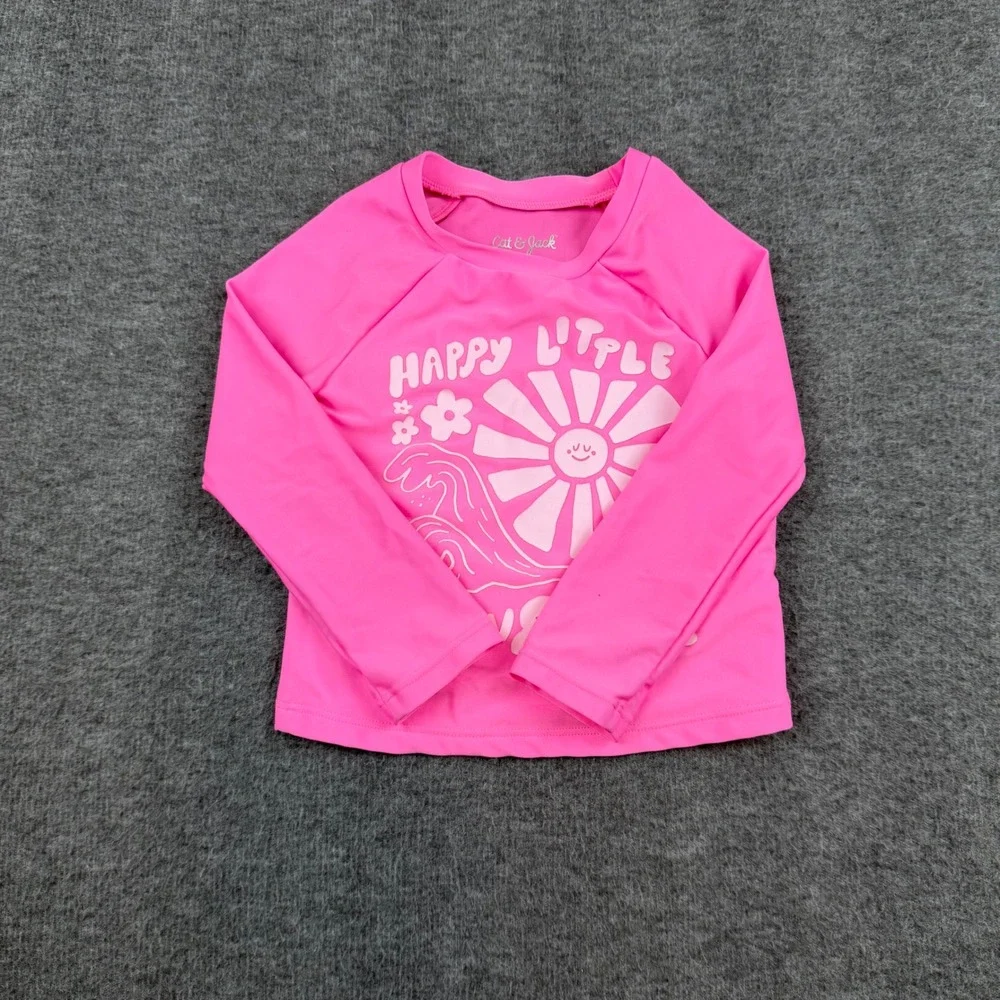Cat & Jack Rash Guard Kids 3T Pink Happy‎ Little Sunshine Long Sleeve Swim Top